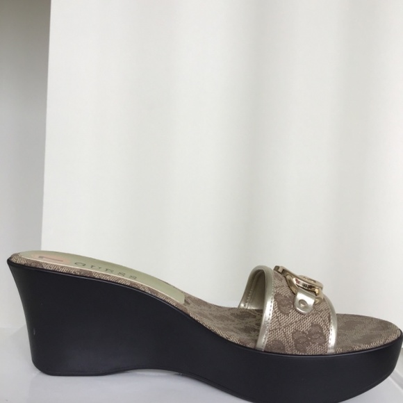 GUESS Brown G logo print wedge sandals size 7 - Picture 5 of 8